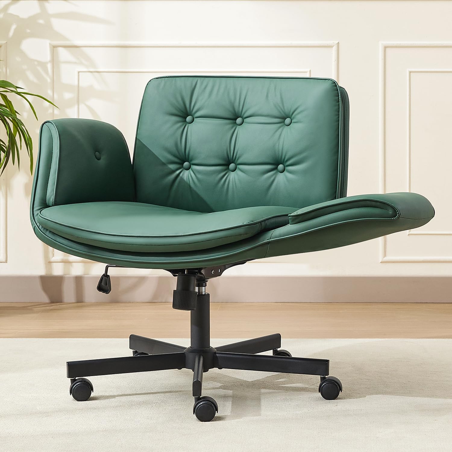 amseatec Criss Cross Office Chair, PU Leather Vanity Chair with 5-Level Adjustable Armrests & Swivel, Ergonomic Criss Cross Chair for Home Office Bedroom Makeup（Green）