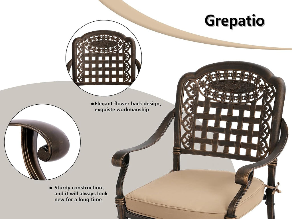 Grepatio 7 Piece Patio Dining Set Outdoor Dining Table Set Cast Aluminum Furniture Set with 6 Dining Armchairs and Dining Table, 6 Cushions Included for Backyard Garden Deck Poolside