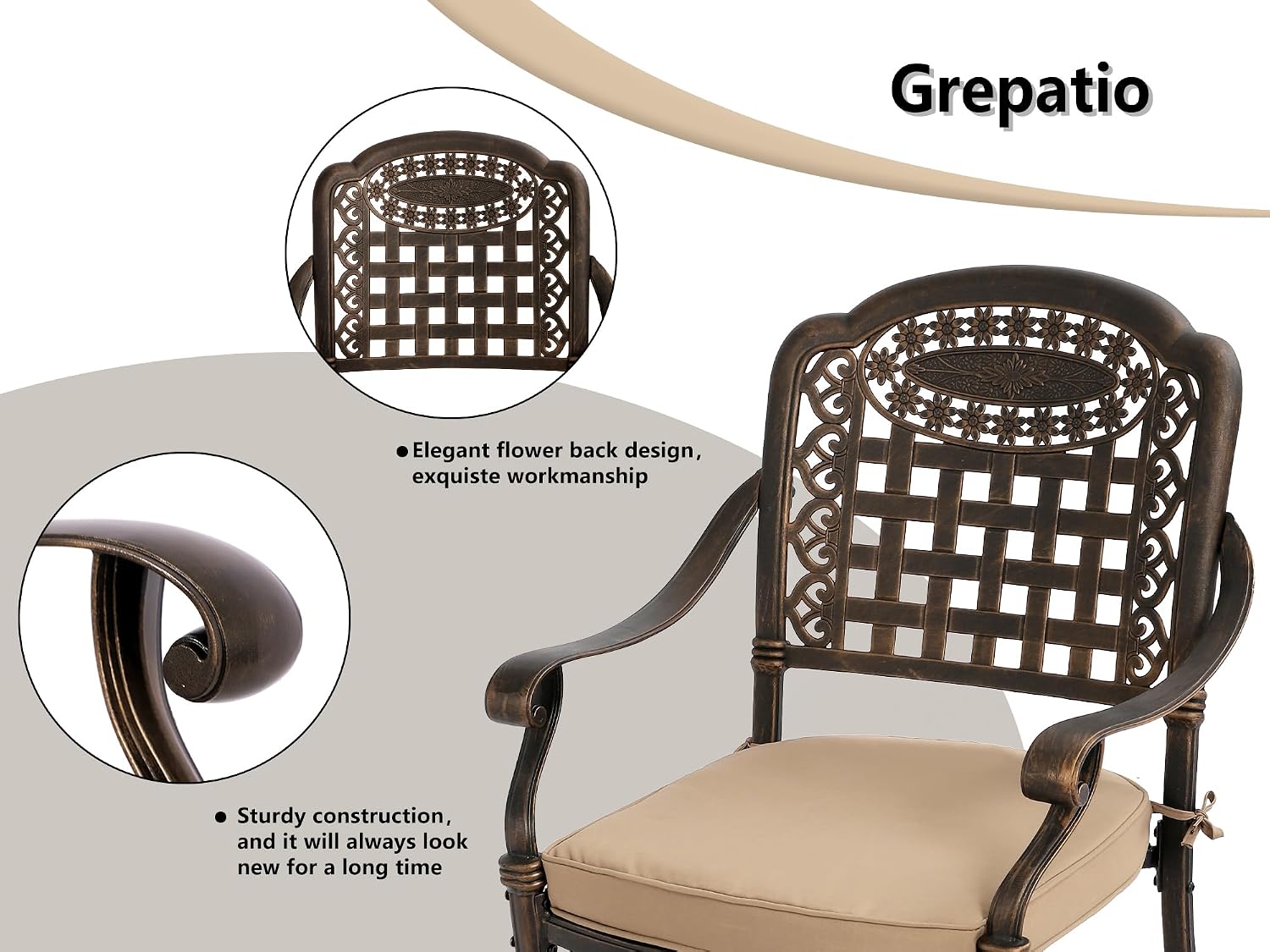 Grepatio 7 Piece Patio Dining Set Outdoor Dining Table Set Cast Aluminum Furniture Set with 6 Dining Armchairs and Dining Table, 6 Cushions Included for Backyard Garden Deck Poolside