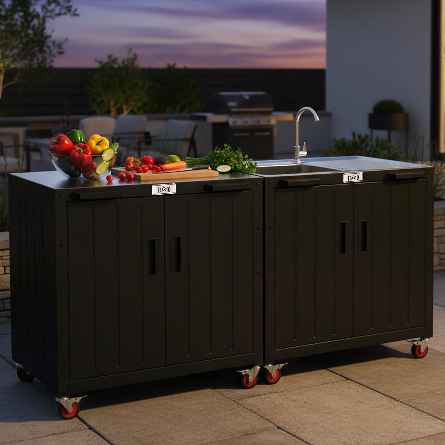 Feasto Outdoor Grill Cart with Storage Cabinet and Stainless Steel Top, 35-Inch Outdoor Grill Station with Door, Modular Kitchen Island for Food Prep and BBQ, Black & Silver