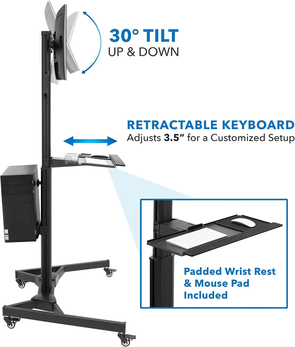 Mount-It! Computer Cart Mobile Desk Workstation with Monitor Mount for Screen up to 32', Rolling Computer Desk PC Cart, Keyboard & Mouse Tray, Rolling Stand with Adjustable CPU Holder, 63.5' Tall