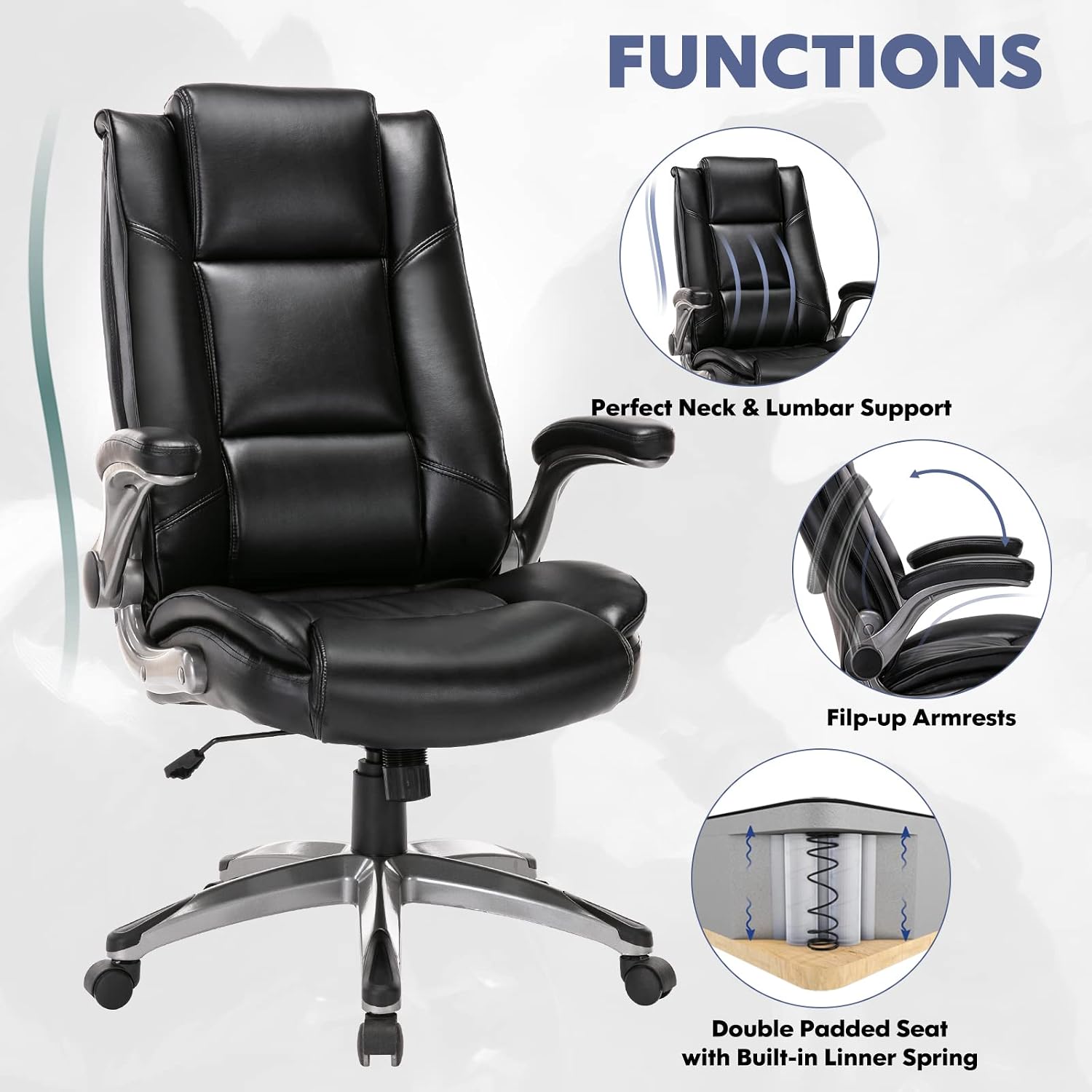 MALOL Leather Executive Office Chair - High Back Home Computer Desk Chair with Padded Flip-up Arms, Adjustable Tilt Lock, Swivel Rolling Ergonomic Chair for Adult Working Study, Black