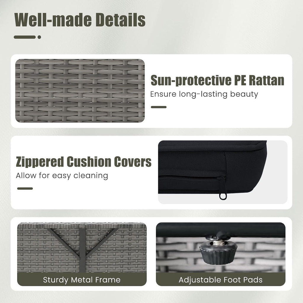 Tangkula Patio Rattan Daybed with 4-Level Adjustable Backrest, Outdoor PE Wicker Loveseat with Storage Ottoman & Folding Side Table, Double Sunbed for Balcony, Backyard & Poolside, Black & Grey