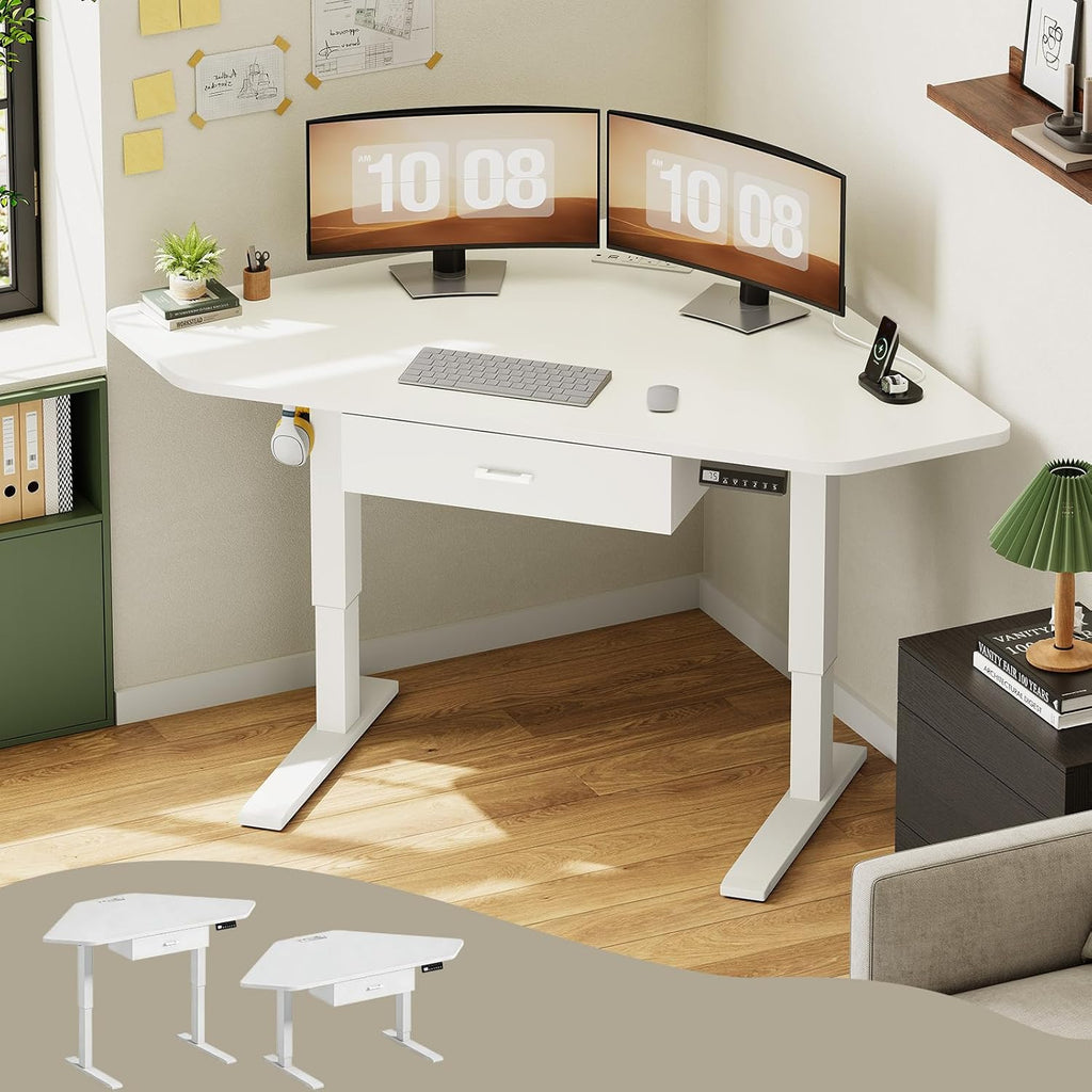 SEDETA Corner Standing Desk, 32'' Small Height Adjustable Electric Computer Desk with Drawer for Gaming, Small Space, Stand up Home Office Study Writing Desk, White