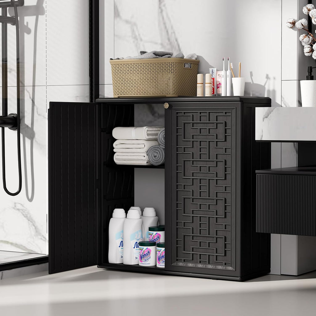 ZZM HDPE Outdoor Storage Shed, Outdoor Plastic Storage Cabinet, Horizontal Resin Tool Shed for Garden, All Weather Outdoor Storage Clearance, DIY Usage, with one Shelf (Black)