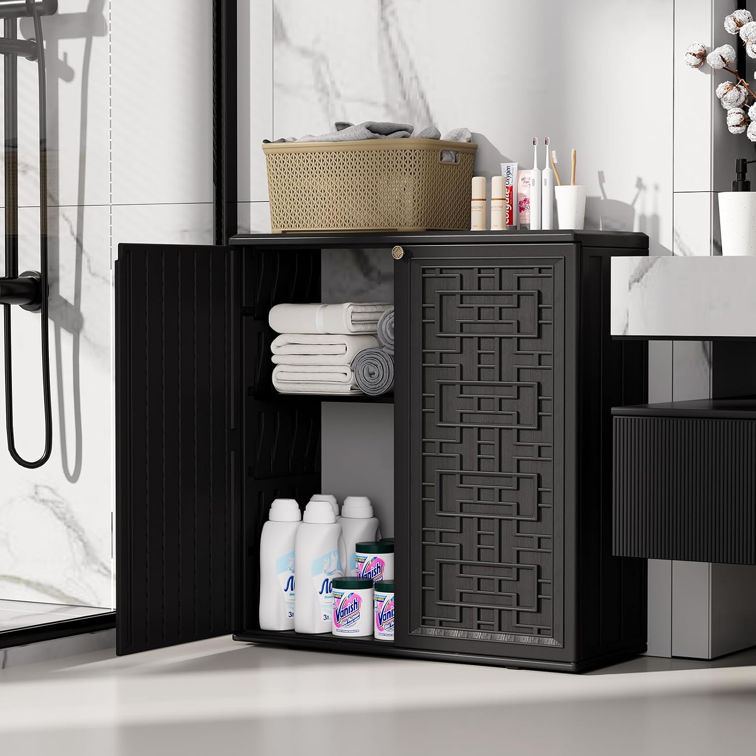 ZZM HDPE Outdoor Storage Shed, Outdoor Plastic Storage Cabinet, Horizontal Resin Tool Shed for Garden, All Weather Outdoor Storage Clearance, DIY Usage, with one Shelf (Black)