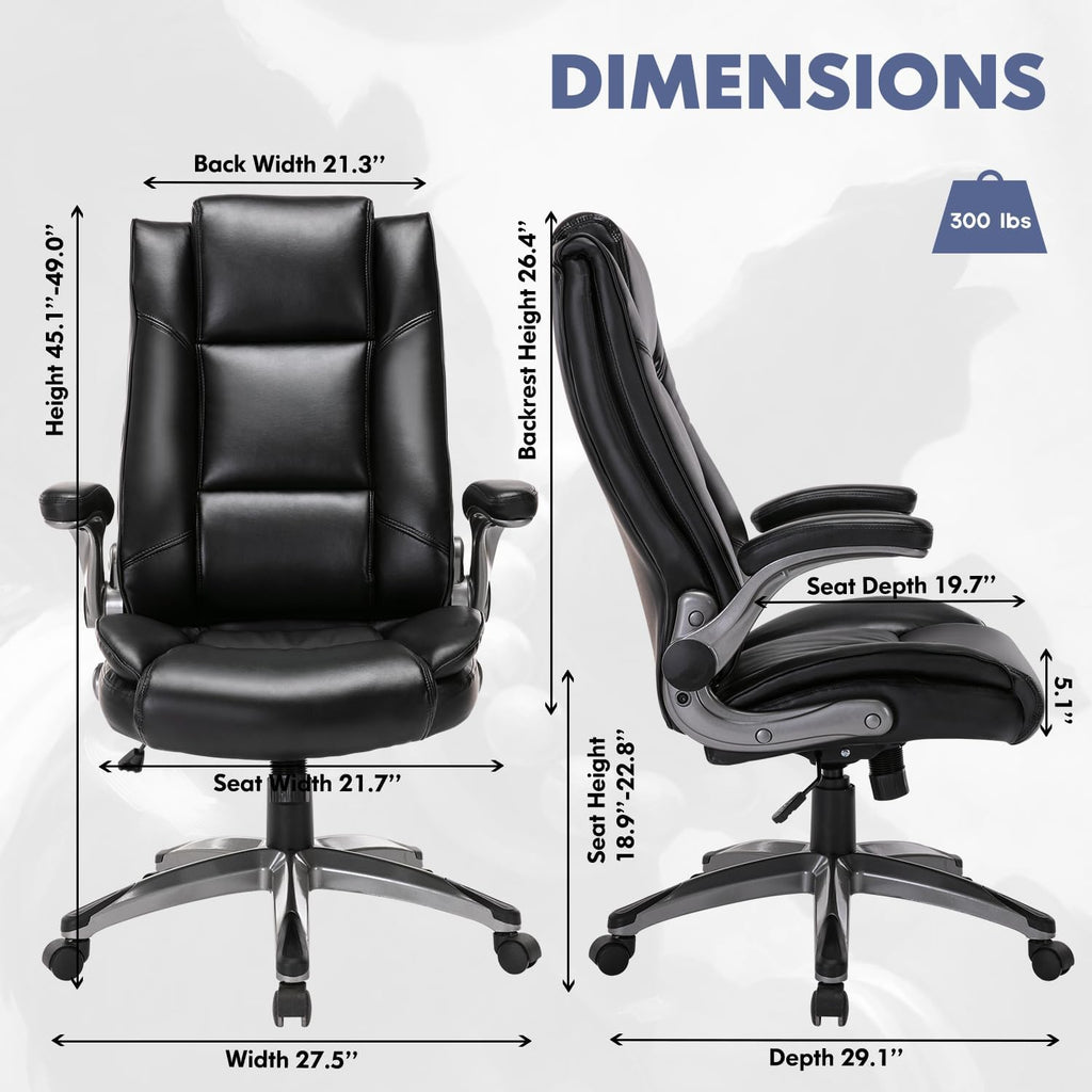 MALOL Leather Executive Office Chair - High Back Home Computer Desk Chair with Padded Flip-up Arms, Adjustable Tilt Lock, Swivel Rolling Ergonomic Chair for Adult Working Study, Black