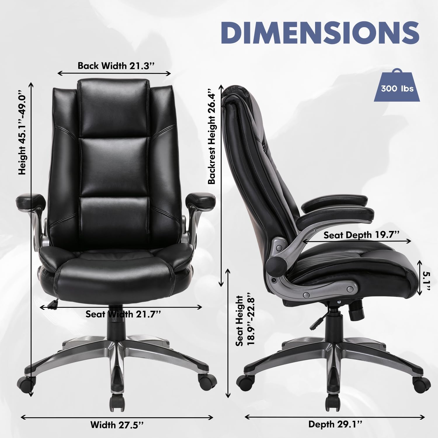 MALOL Leather Executive Office Chair - High Back Home Computer Desk Chair with Padded Flip-up Arms, Adjustable Tilt Lock, Swivel Rolling Ergonomic Chair for Adult Working Study, Black