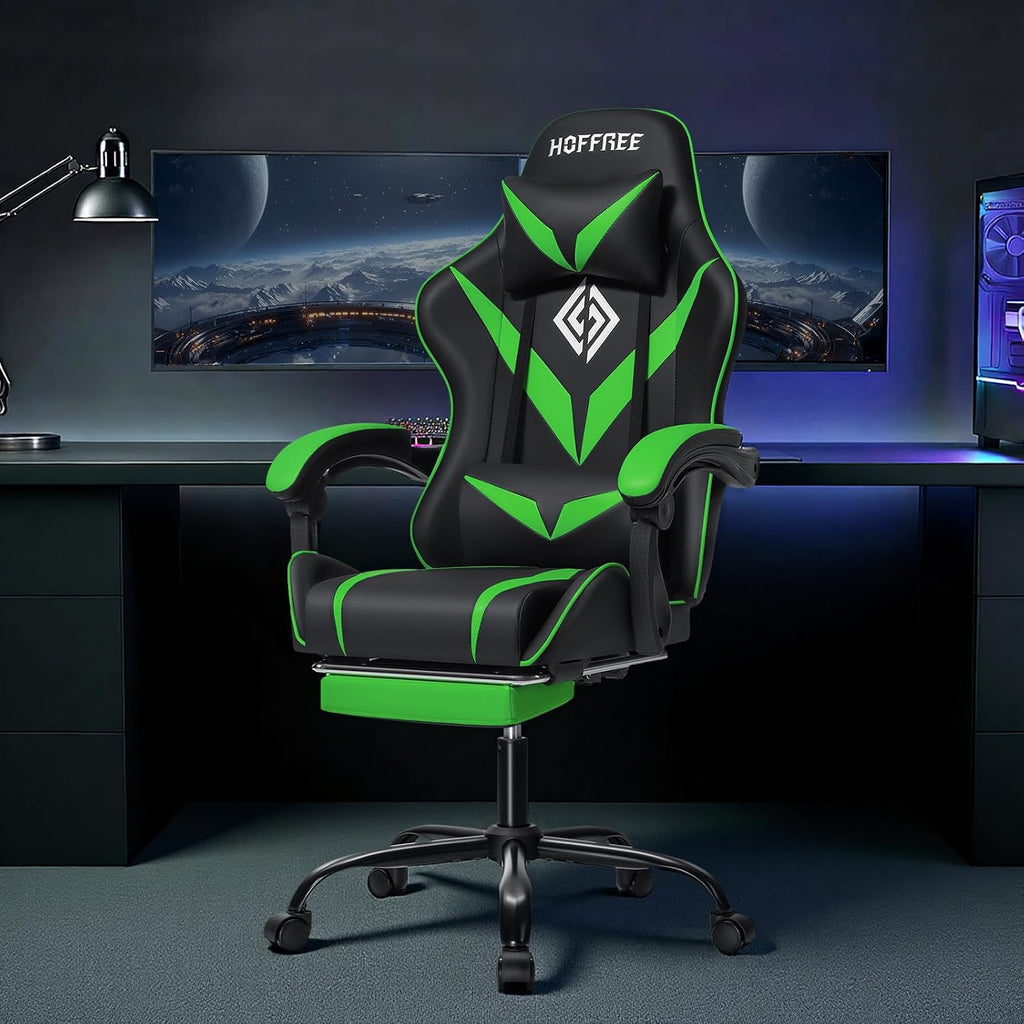 Gaming Chair with Massage Ergonomic Computer Chair with Footrest and Lumbar Support Reclining PC Game Chair for Boys with Adjustable Armrest and Headrest Green