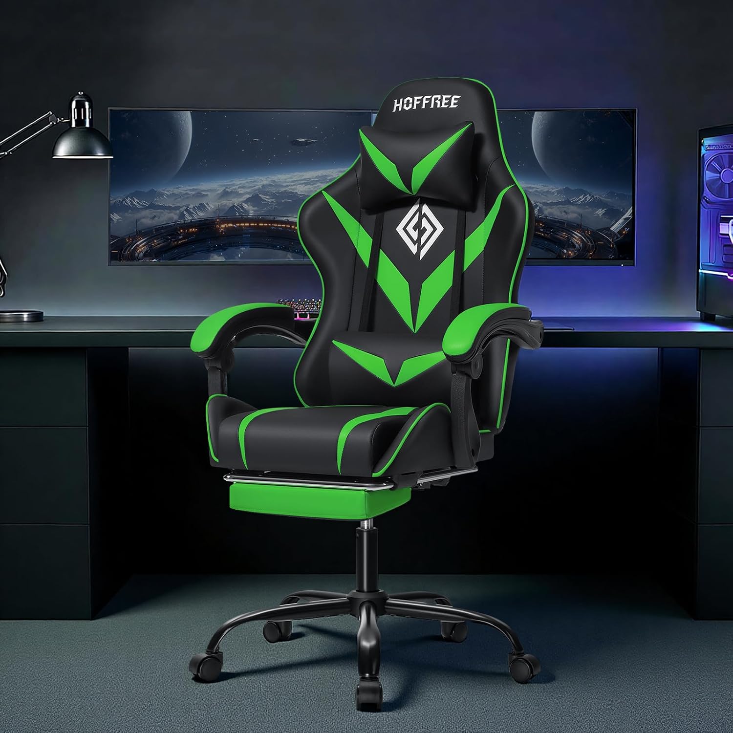 Gaming Chair with Massage Ergonomic Computer Chair with Footrest and Lumbar Support Reclining PC Game Chair for Boys with Adjustable Armrest and Headrest Green