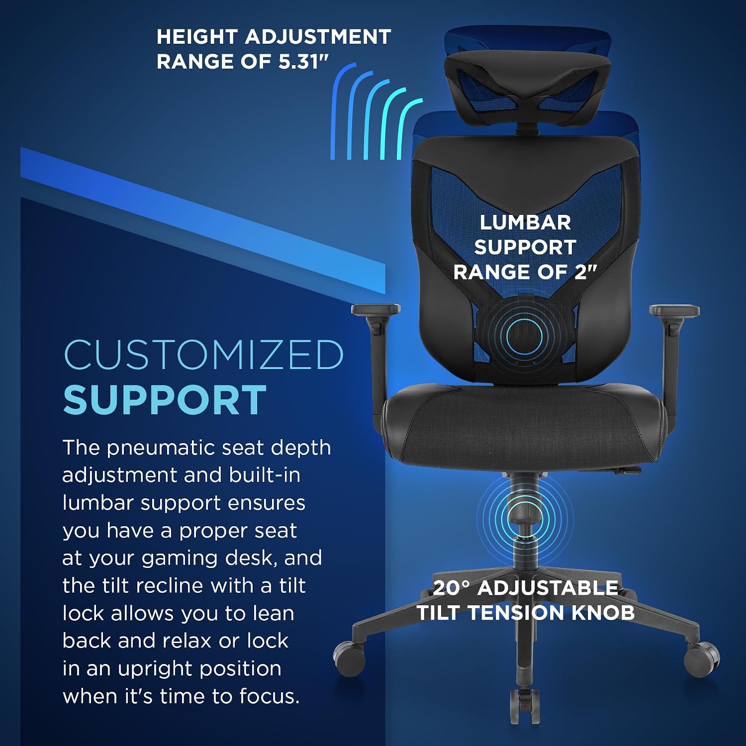 Tempur-Pedic Blaze Auto-Adaptive Ergonomic Gaming Chair with Lumbar Support and 3D Armrest Adjustment, Cooling Racing Style Gaming Chair, Black