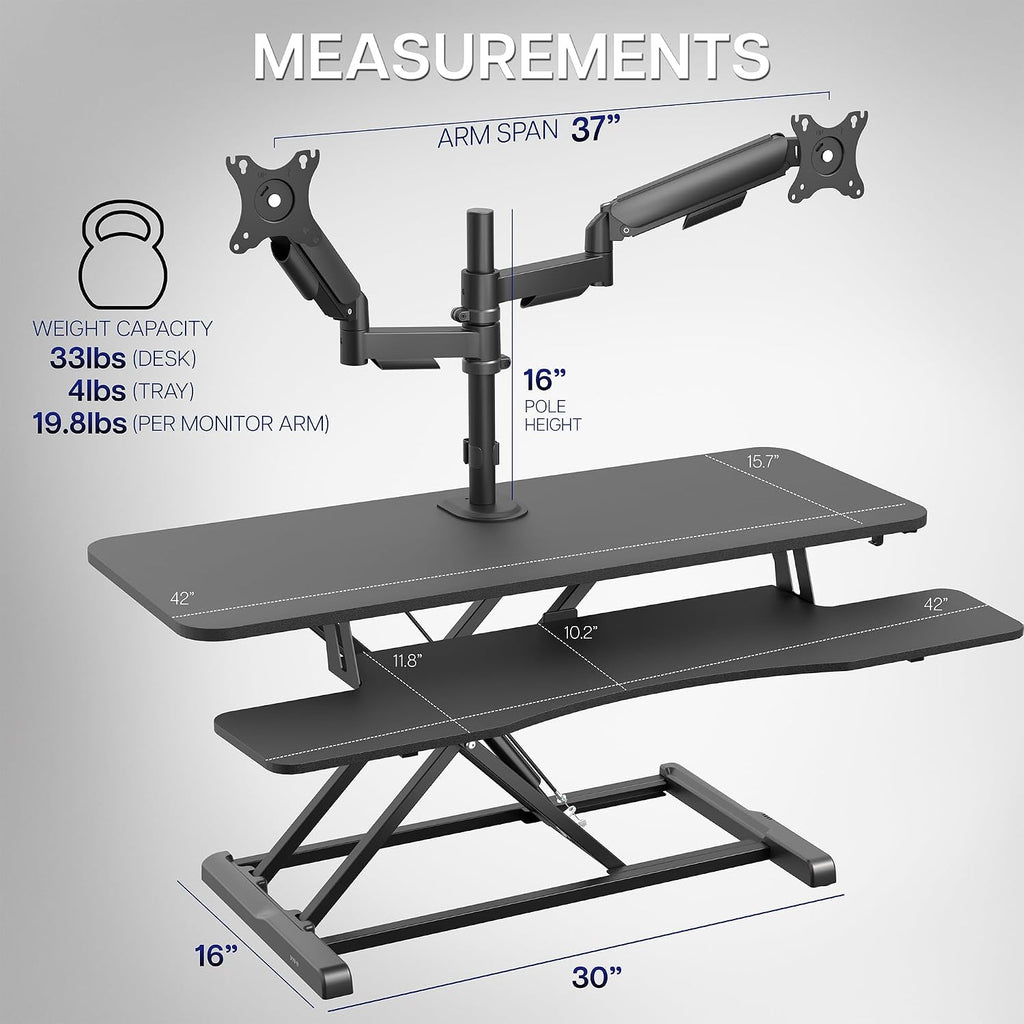 VIVO 42 inch Standing Desk Converter with Dual Monitor Mount for up to 32 inch Screens, Height Adjustable Riser with Mechanical Spring Arms, Black, DESK-KIT-042K2K