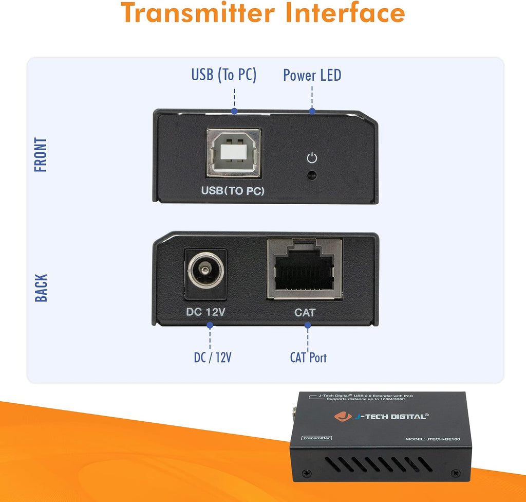 J-Tech Digital USB Over Ethernet Extender USB Balun Over cat5e cat6 99m/328ft PoC, Play and Plug, No Driver Needed, USB2.0 for Game Controller, MAC & PC and USB2.0 Supported Devices [JTECH-BE100]