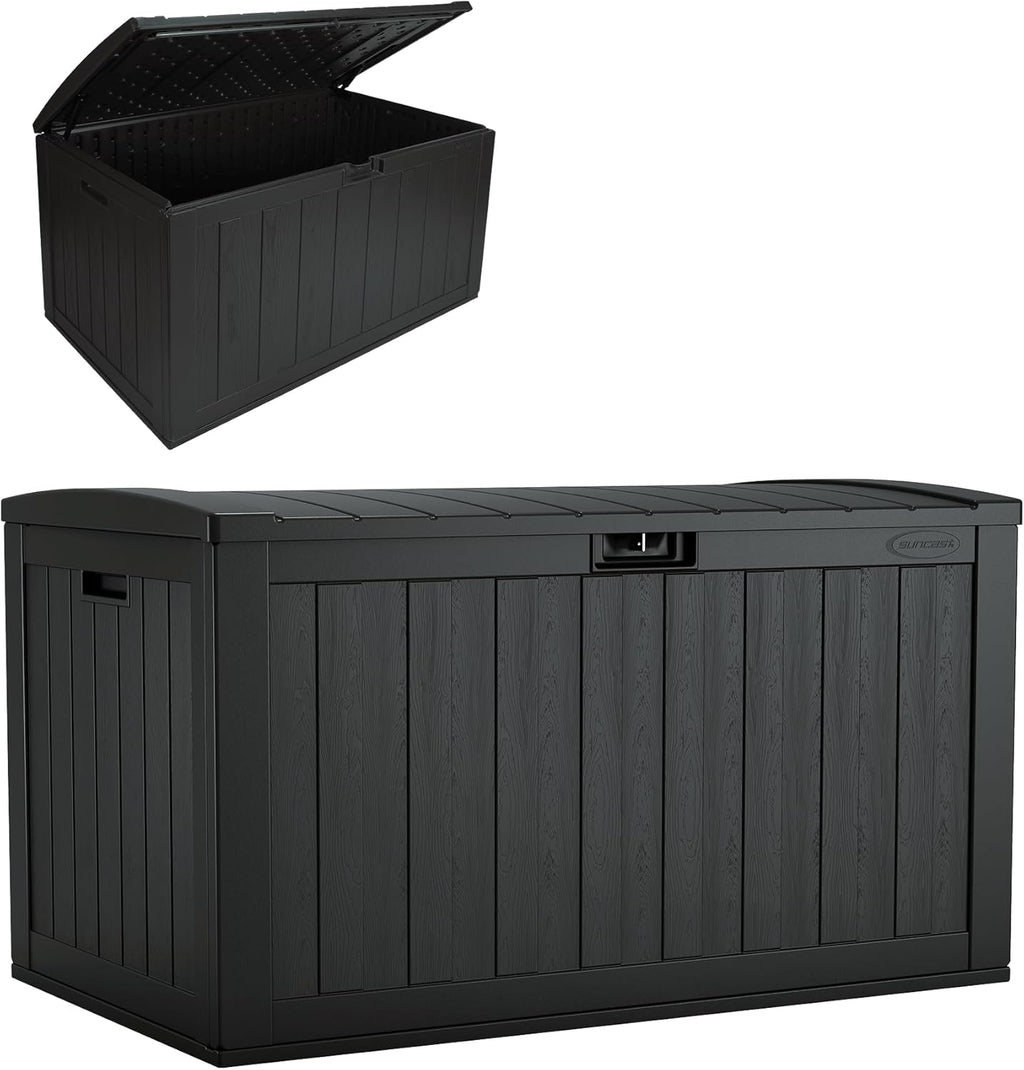 Suncast 134-Gal. Resin Extra-Large Outdoor Patio Deck Box with Pad-Lockable Lid, Modern Outdoor Patio Bench/Storage Box for Cushions, Garden Tools, and More, Iron Ore