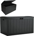 Suncast 134-Gal. Resin Extra-Large Outdoor Patio Deck Box with Pad-Lockable Lid, Modern Outdoor Patio Bench/Storage Box for Cushions, Garden Tools, and More, Iron Ore