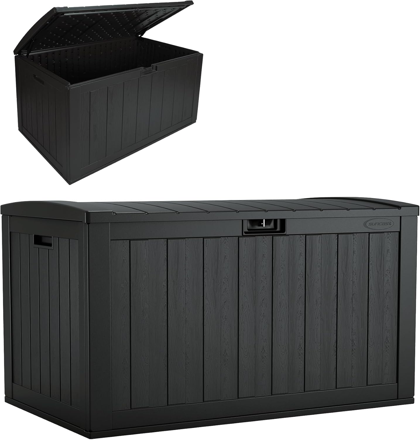Suncast 134-Gal. Resin Extra-Large Outdoor Patio Deck Box with Pad-Lockable Lid, Modern Outdoor Patio Bench/Storage Box for Cushions, Garden Tools, and More, Iron Ore