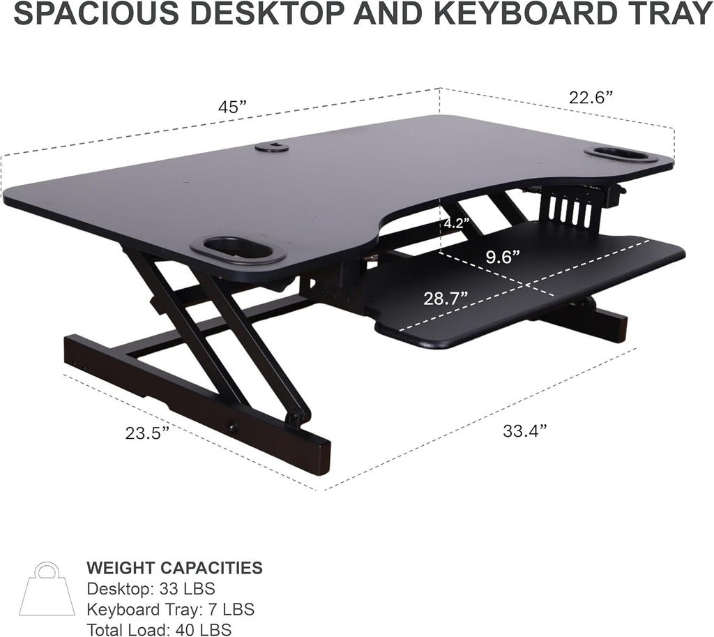 Rocelco 45' Height Adjustable Standing Desk Converter - Slide Out Retractable Keyboard Tray - Sit Stand Up Triple Monitor Riser - Dual Piston Lift Tabletop Computer Workstation - Black (R ADRB-45)
