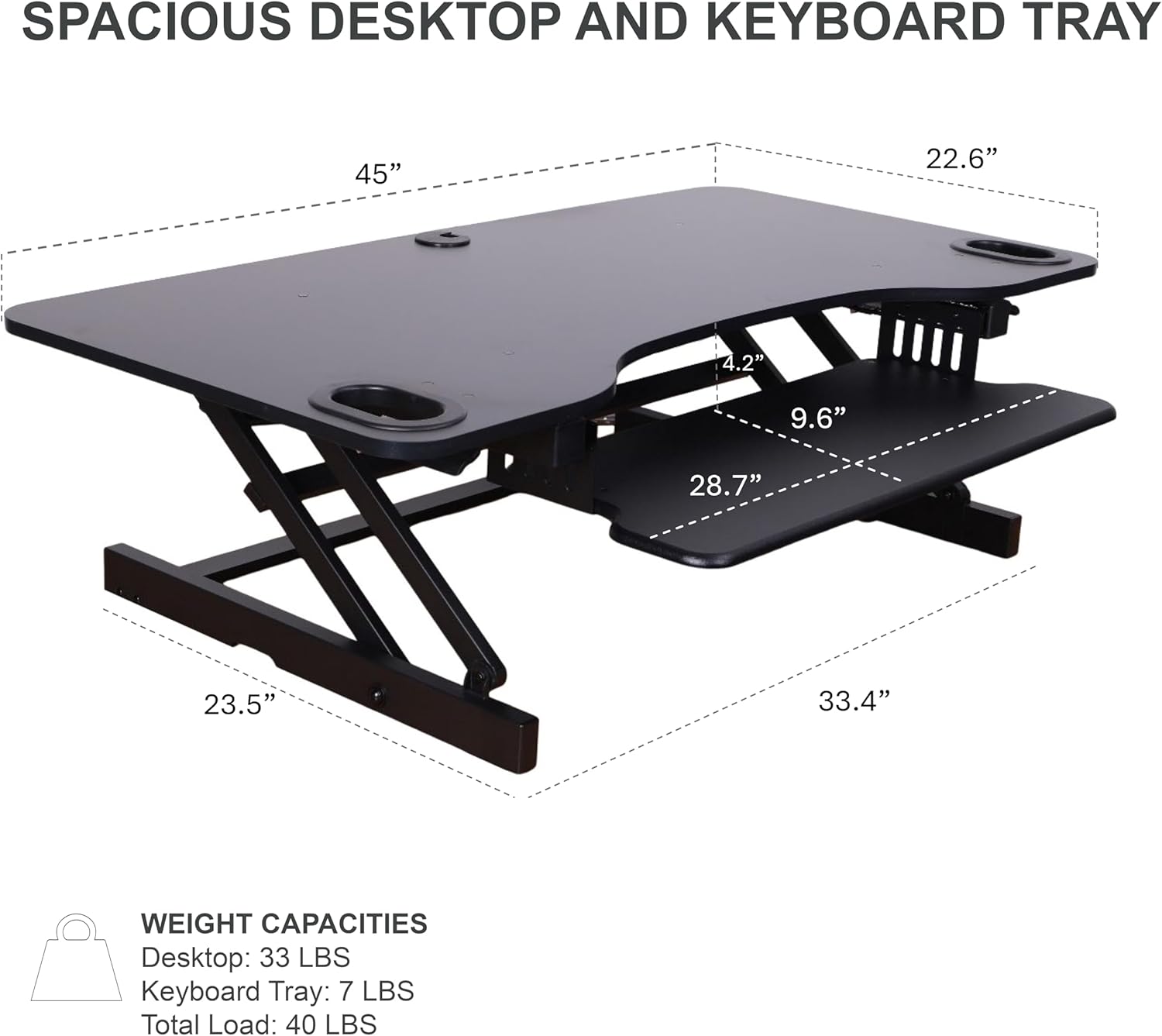 Rocelco 45' Height Adjustable Standing Desk Converter - Slide Out Retractable Keyboard Tray - Sit Stand Up Triple Monitor Riser - Dual Piston Lift Tabletop Computer Workstation - Black (R ADRB-45)