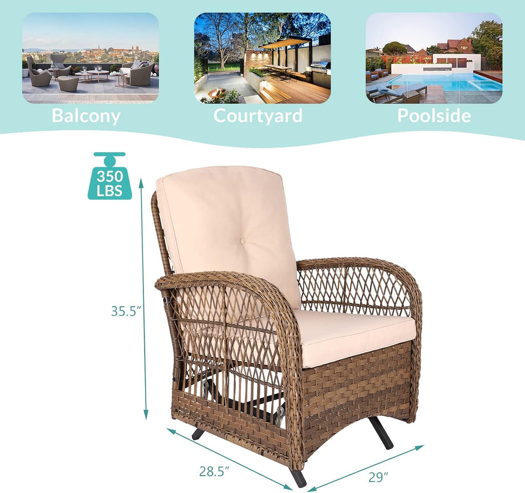 MEETWARM Patio Wicker Rocking Glider Set, All-Weather Outdoor Rattan Patio Rocking Chairs of 2, Patio Conversation Set with Thickened Cushions for Porch Garden & Backyard, Brown