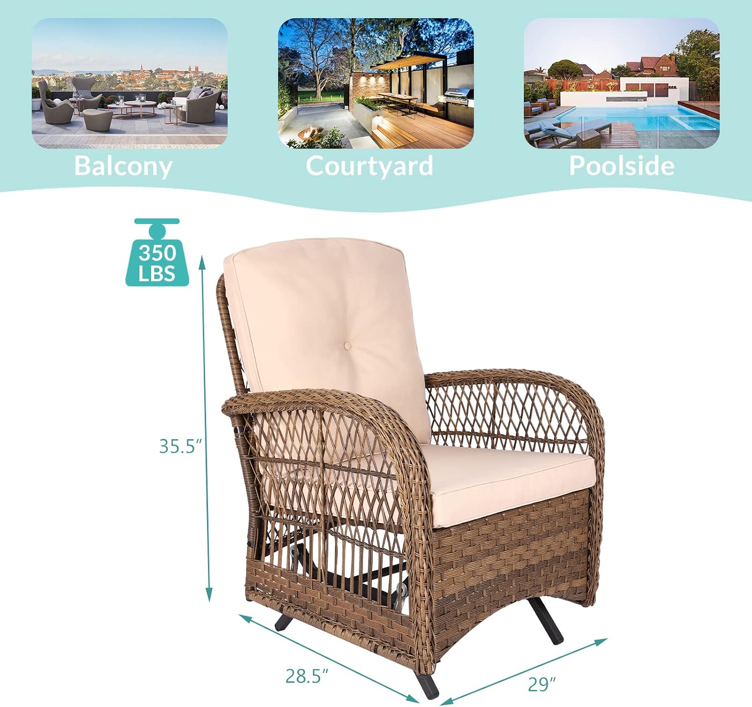 MEETWARM Patio Wicker Rocking Glider Set, All-Weather Outdoor Rattan Patio Rocking Chairs of 2, Patio Conversation Set with Thickened Cushions for Porch Garden & Backyard, Brown