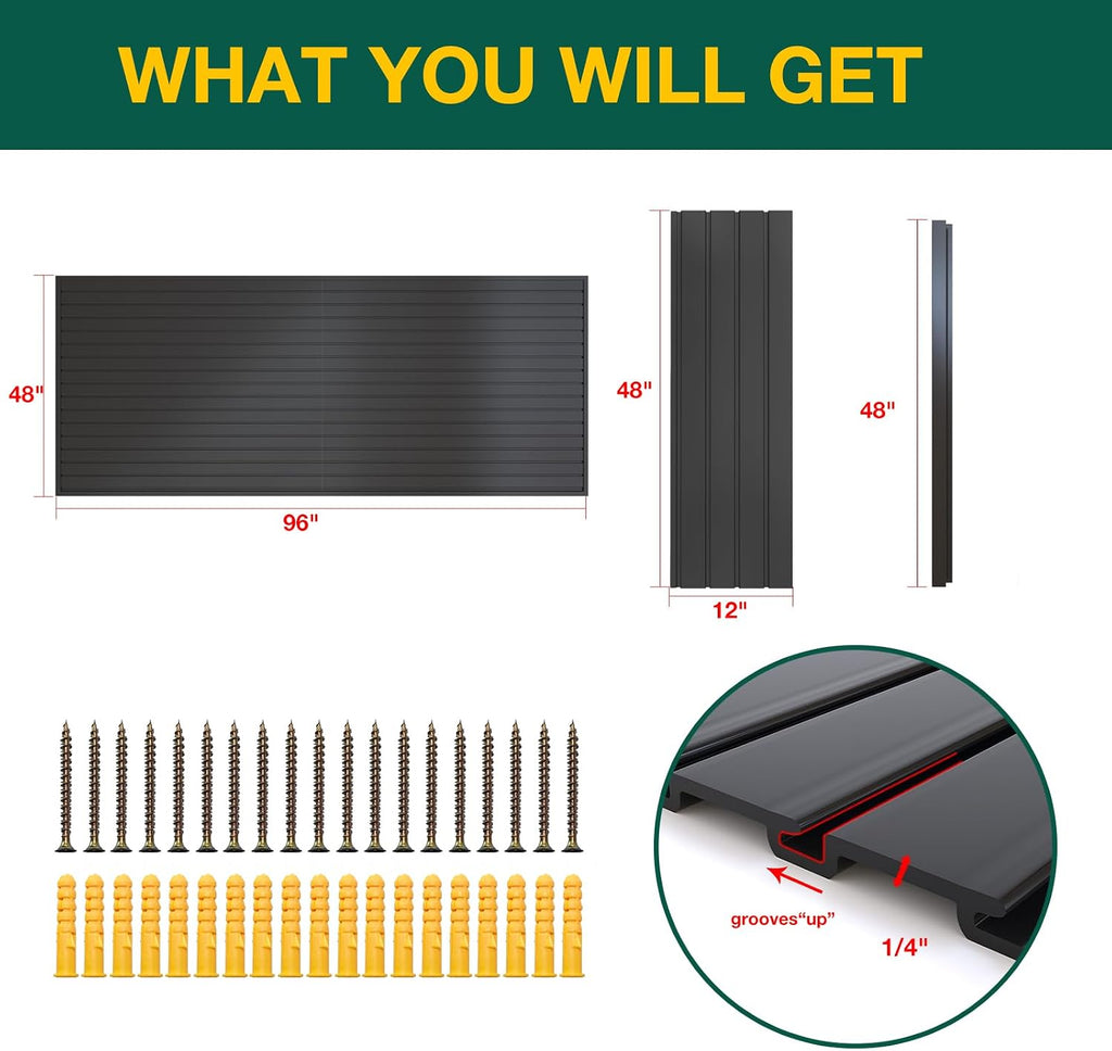 Yuzzy Slat Wall Paneling 4 x 8ft, Garage Slatwall Panel Wall Storage Systems, Heavy Duty PVC Garage Wall Organization (Black)