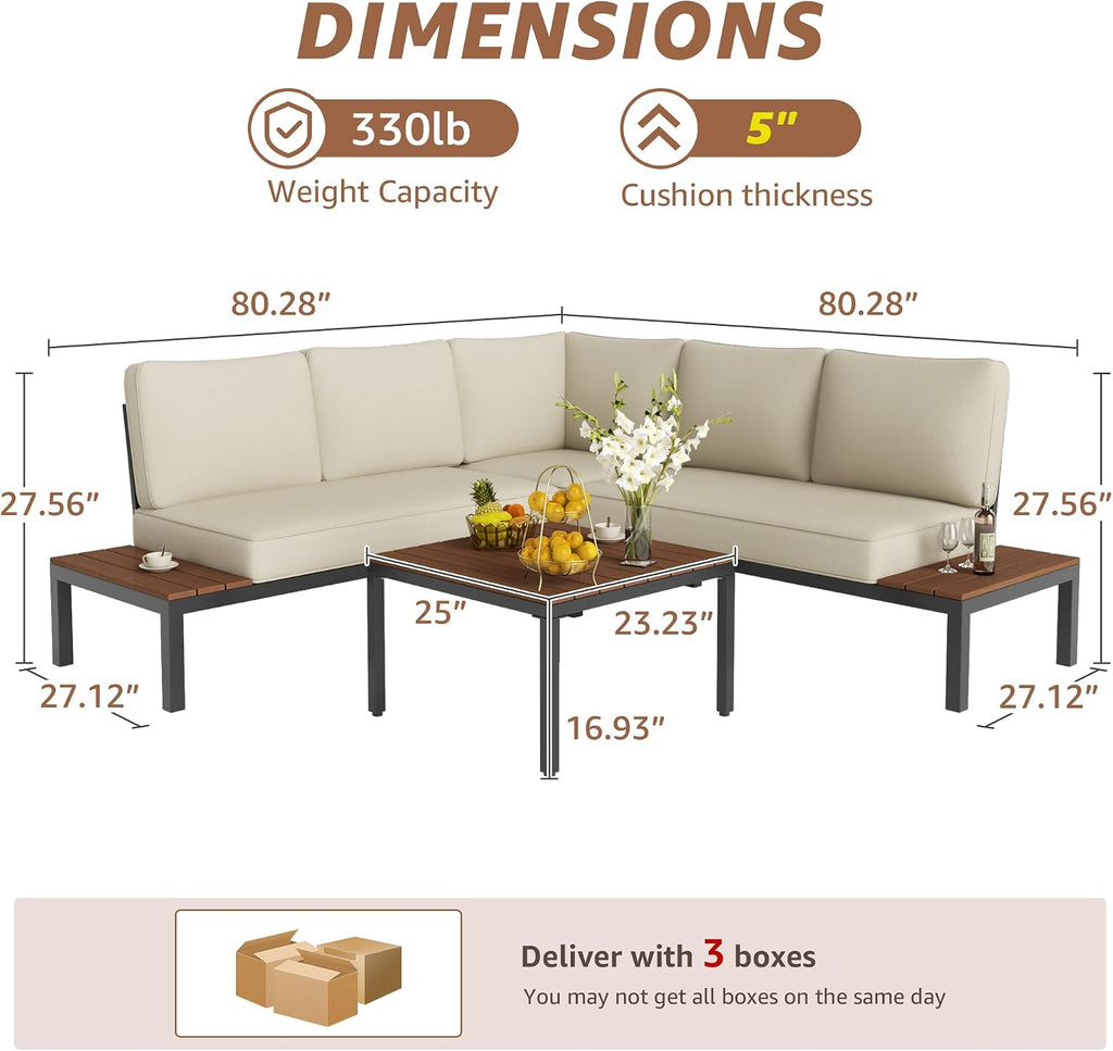 NATURAL EXPRESSIONS Outdoor Furniture Set, L Shape Patio Sectional, Metal Corner Couch Sofa Set with Side Tables, Detachable Backrest, Fauxwood Coffee Table, Beige Olefin Cushions for Garden Deck