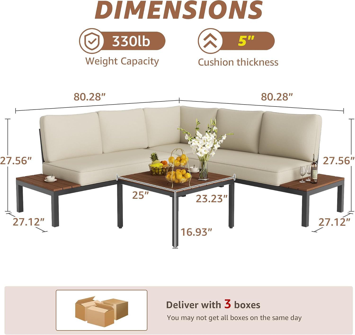 NATURAL EXPRESSIONS Outdoor Furniture Set, L Shape Patio Sectional, Metal Corner Couch Sofa Set with Side Tables, Detachable Backrest, Fauxwood Coffee Table, Beige Olefin Cushions for Garden Deck