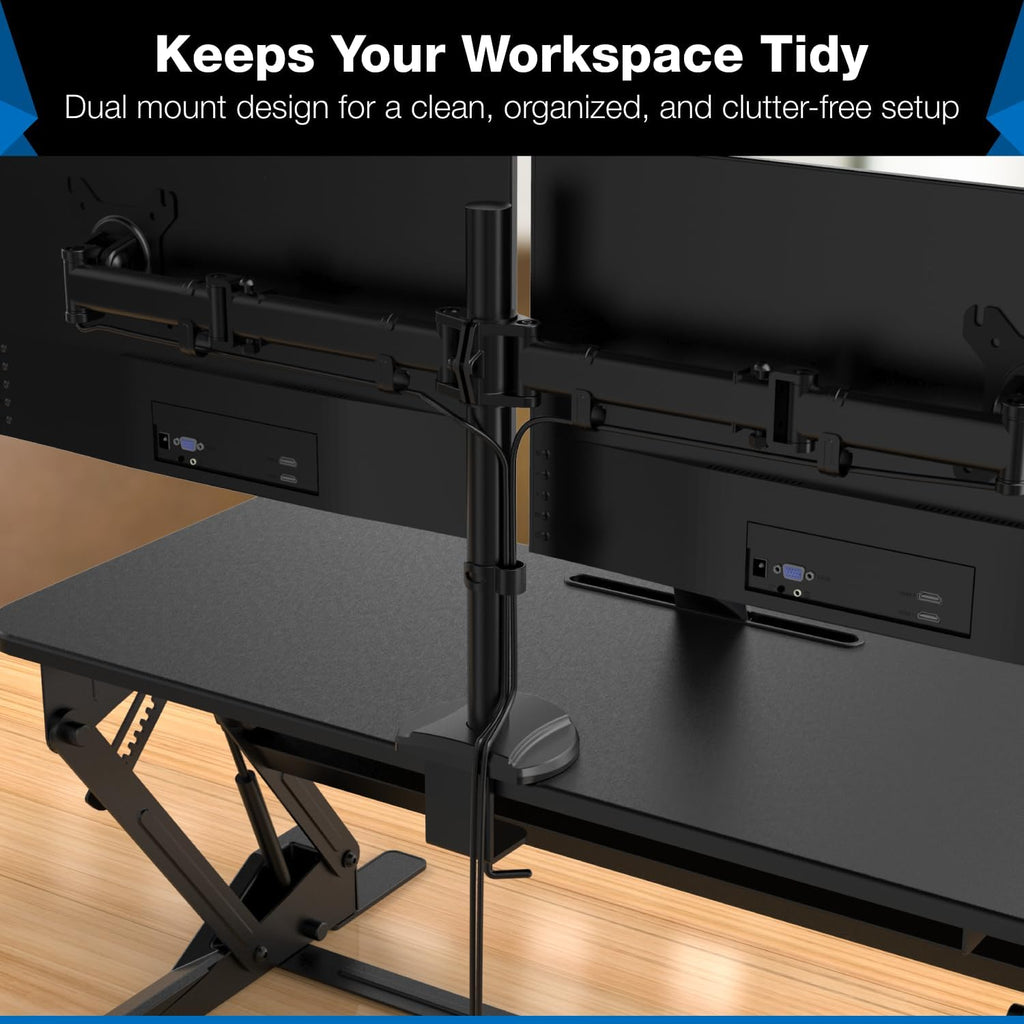 Mount-It! Standing Desk Converter Dual Monitor, 2 Screen Mounts Included, Height Adjustable Desk Riser in Black, Stand Up Desk Convertor Large 36' Wide, Sit Stand Convertor with Manual Lift Gas Spring