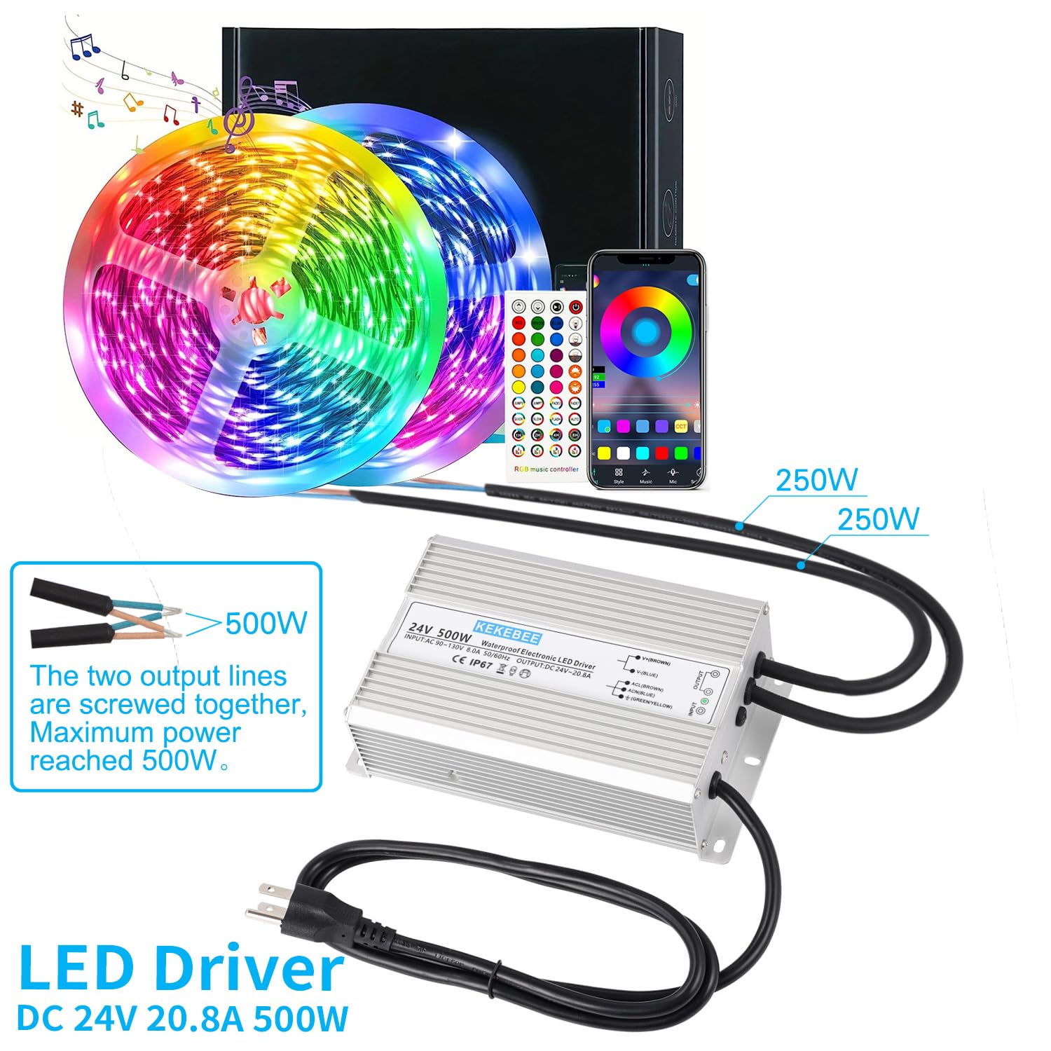 LED Driver 24V500W Waterproof Power Supply 24V DC 20.8A Low Voltage Switching Power Supply Suitable for Street Lights Lawn Lights LED Outdoor Landscape Lights Waterproof Transformer