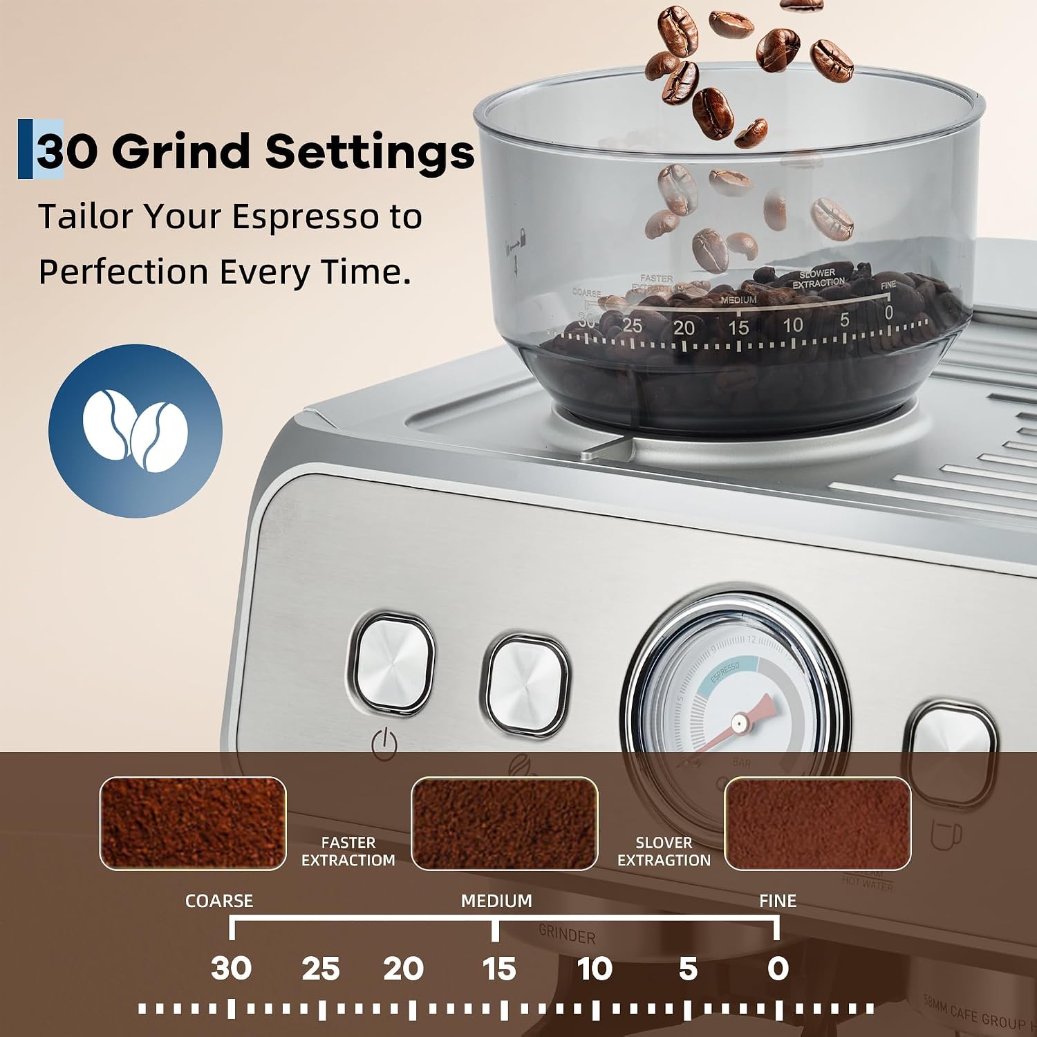 20-Bar Espresso Machine with Grinder – Stainless Steel Coffee Maker – 2.8L Removable Tank, 30 Grind Settings, Adjustable Shot Volume, Milk Frother Steam Wand for Home or Office