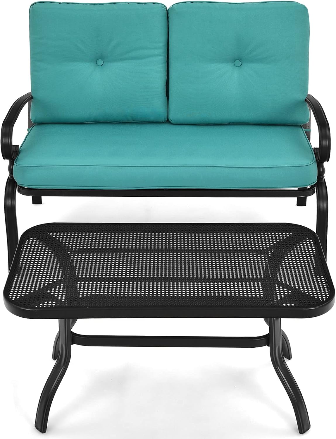 Tangkula Patio Loveseat with Table Set, 2 Seat Cushioned Sofa with Coffee Table, Patio Conversation Sofa Set with Rustproof Frame, 2 Pieces Outdoor Furniture Set for Garden, Poolside (Turquoise)