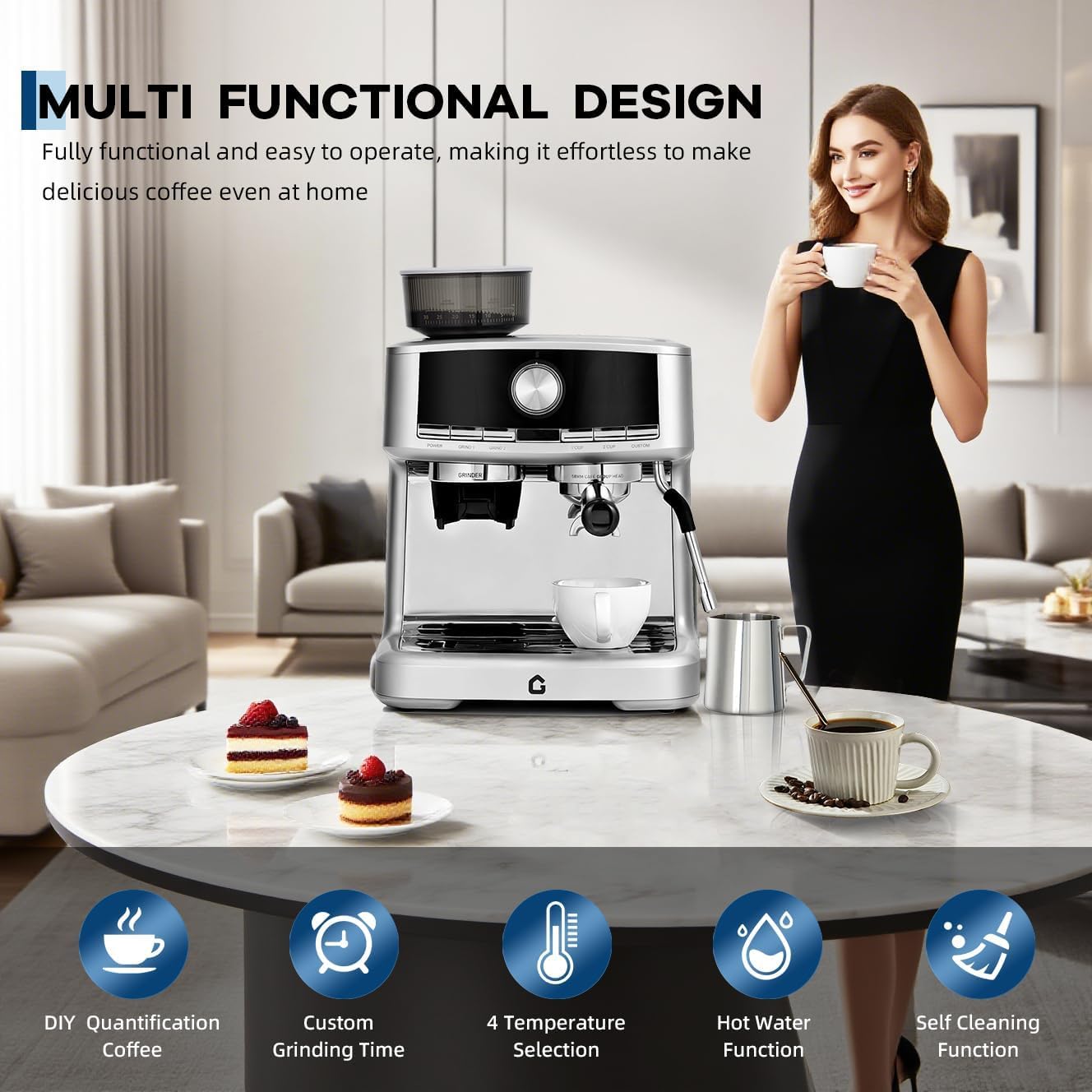 TROPOW Espresso Machine with Grinder - 20 Bar Pressure Professional, Stainless Steel Coffee Maker with Milk Frother, 1.5l Removable Water Tank for Latte, Cappuccino, Home & Office