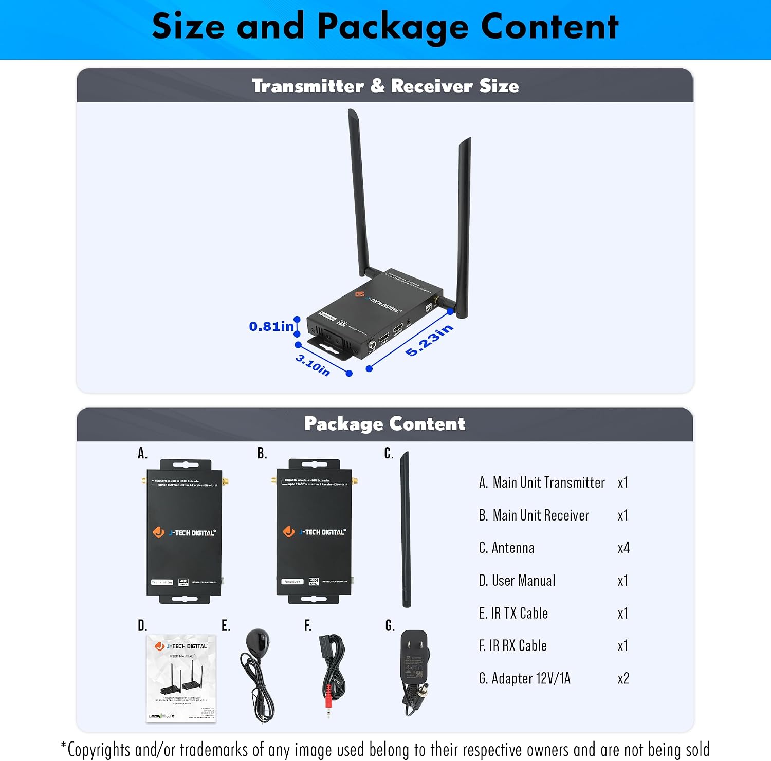 J-Tech Digital Wireless HDMI Transmitter and Receiver 4K 60Hz Up to 196ft., 5.1/5.2 GHz Low Latency HDMI Loop Output SSID Pairing Channel Change IR Passthrough [JTECH-WEX4K-50]