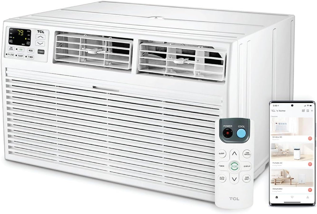 TCL H14T9XH Heat 14,000 Smart Through-The-Wall Air Conditioner, Heater, Fan & Dehumidifier, 230V, 700 Sq. Ft, Remote Control, Compatible with Alexa/Google Assistant, 14000 BTU, White