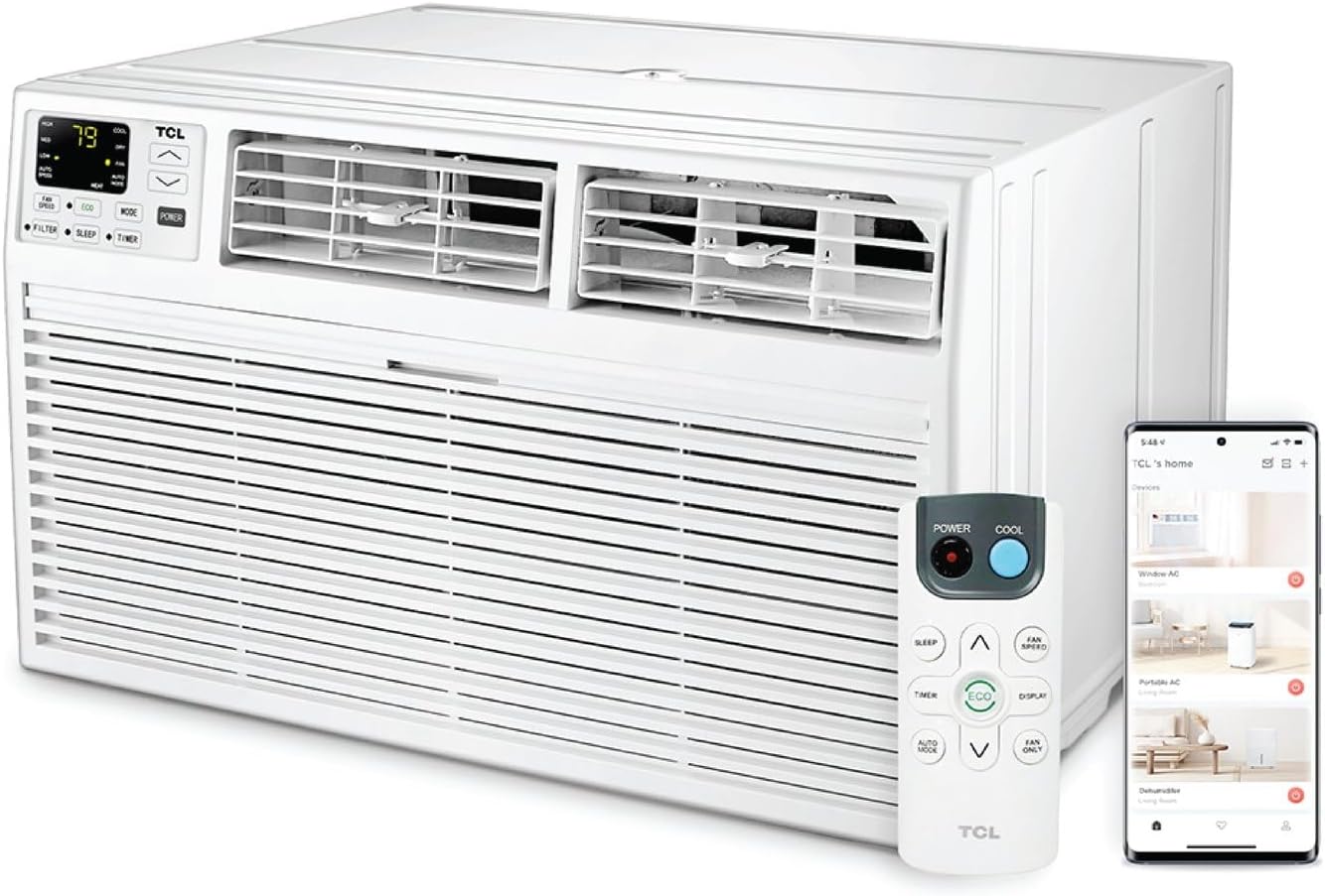 TCL H14T9XH Heat 14,000 Smart Through-The-Wall Air Conditioner, Heater, Fan & Dehumidifier, 230V, 700 Sq. Ft, Remote Control, Compatible with Alexa/Google Assistant, 14000 BTU, White