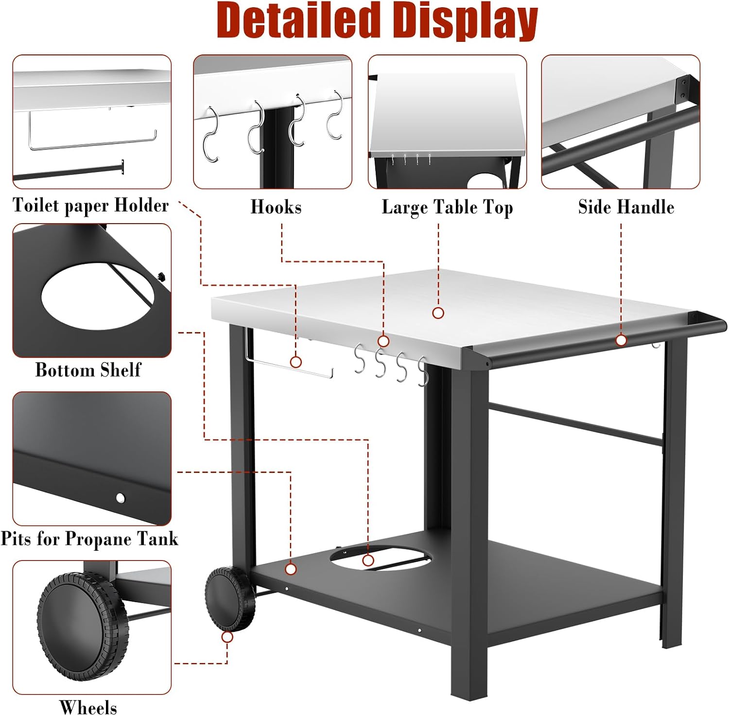 34' x 24' Movable Stainless Steel Flattop Grill Cart for Ninja Woodfire & Blackstone Griddles, Pizza Oven Table for Outside, Extra-Wide Stainless Steel Cart with Wheels for Kitchen Food Prep Table