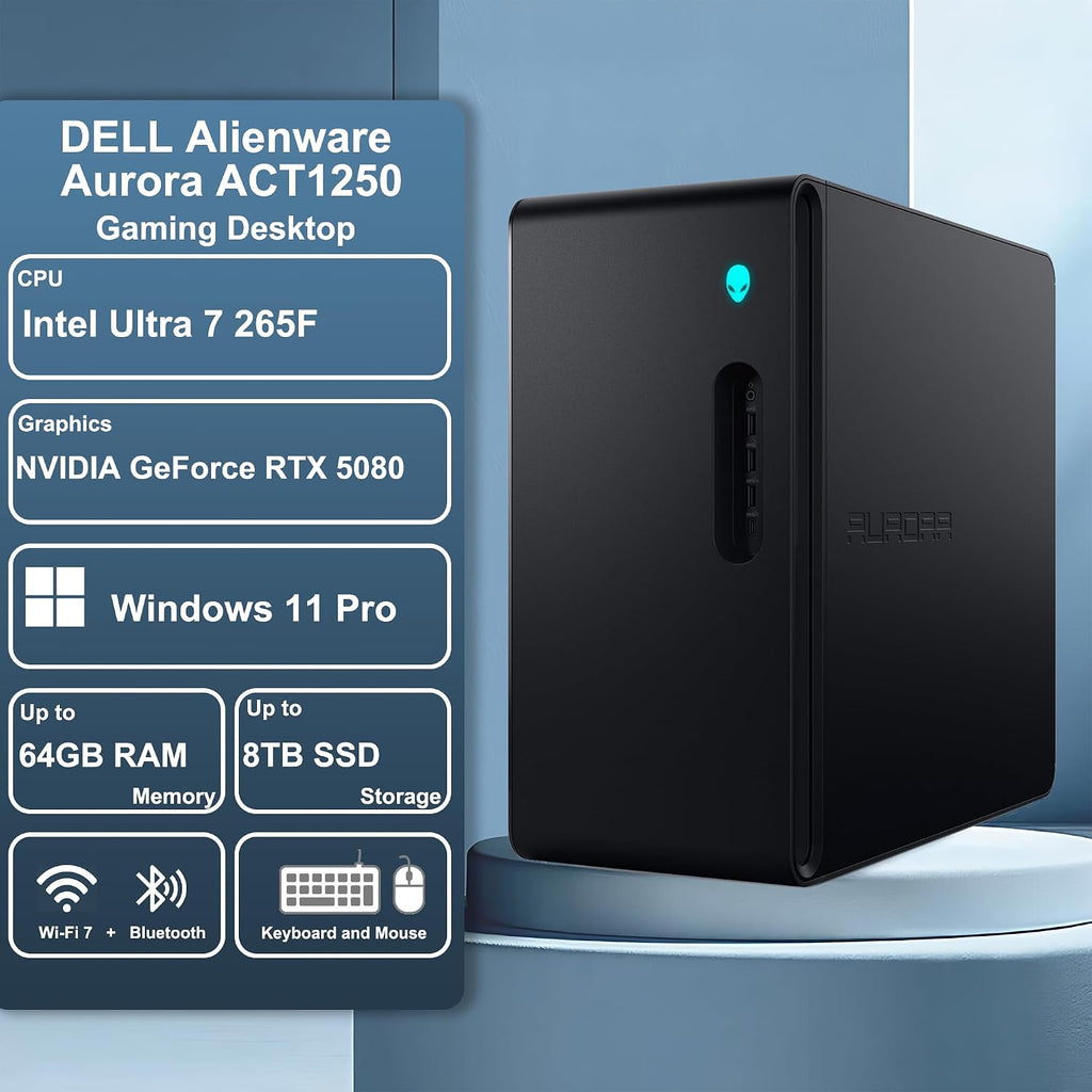 Dell Alienware Aurora ACT1250 Gaming Desktop Intel 20-core Ultra 7 Series 2 265F 32GB DDR5 8TB SSD GeForce RTX 5080 16GB GDDR7 DLSS4 (Up to 1801 Tops) WiFi7 1000W PSU for Gaming AI PC Win11Pro