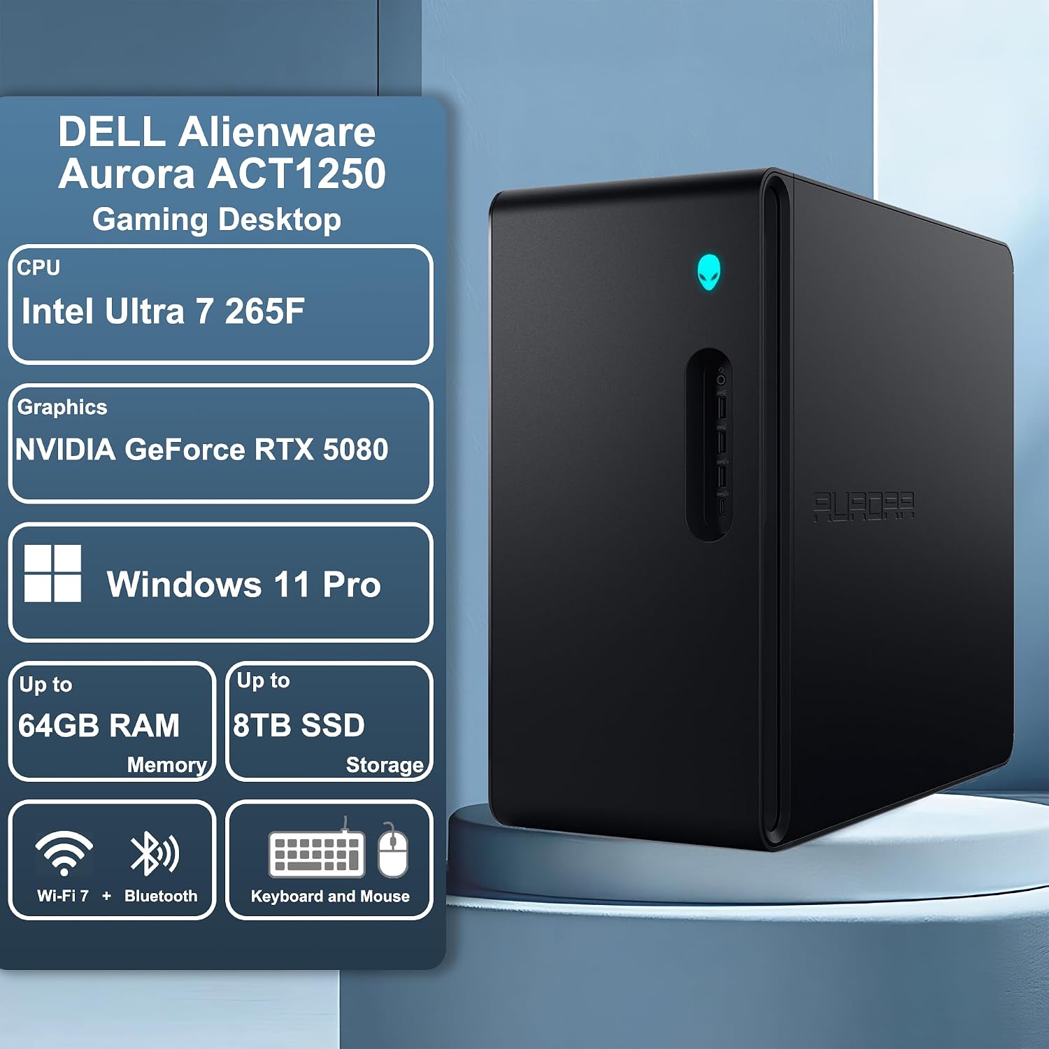 Dell Alienware Aurora ACT1250 Gaming Desktop Intel 20-core Ultra 7 Series 2 265F 32GB DDR5 8TB SSD GeForce RTX 5080 16GB GDDR7 DLSS4 (Up to 1801 Tops) WiFi7 1000W PSU for Gaming AI PC Win11Pro