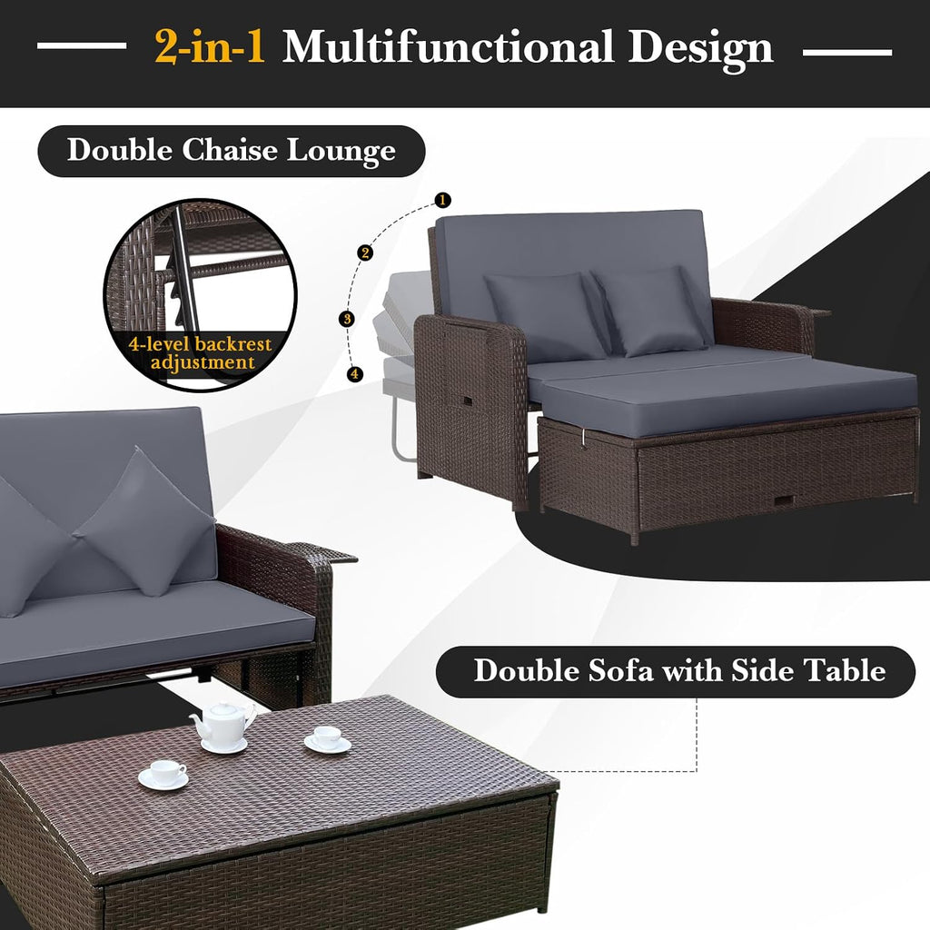 Tangkula Patio Rattan Daybed with 4-Level Adjustable Backrest, Outdoor PE Wicker Loveseat with Storage Ottoman & Folding Side Tray, Double Sunbed Lounger for Balcony, Backyard & Poolside, Grey & Brown
