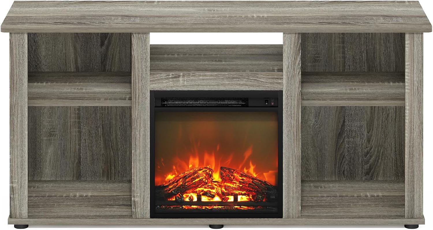 Furinno Jensen Fireplace TV Stand, Entertainment Center, TV Console for TV up to 55 Inch with Fireplace and Open Storage Compartment, for Living Room, Bedroom, French Oak Grey