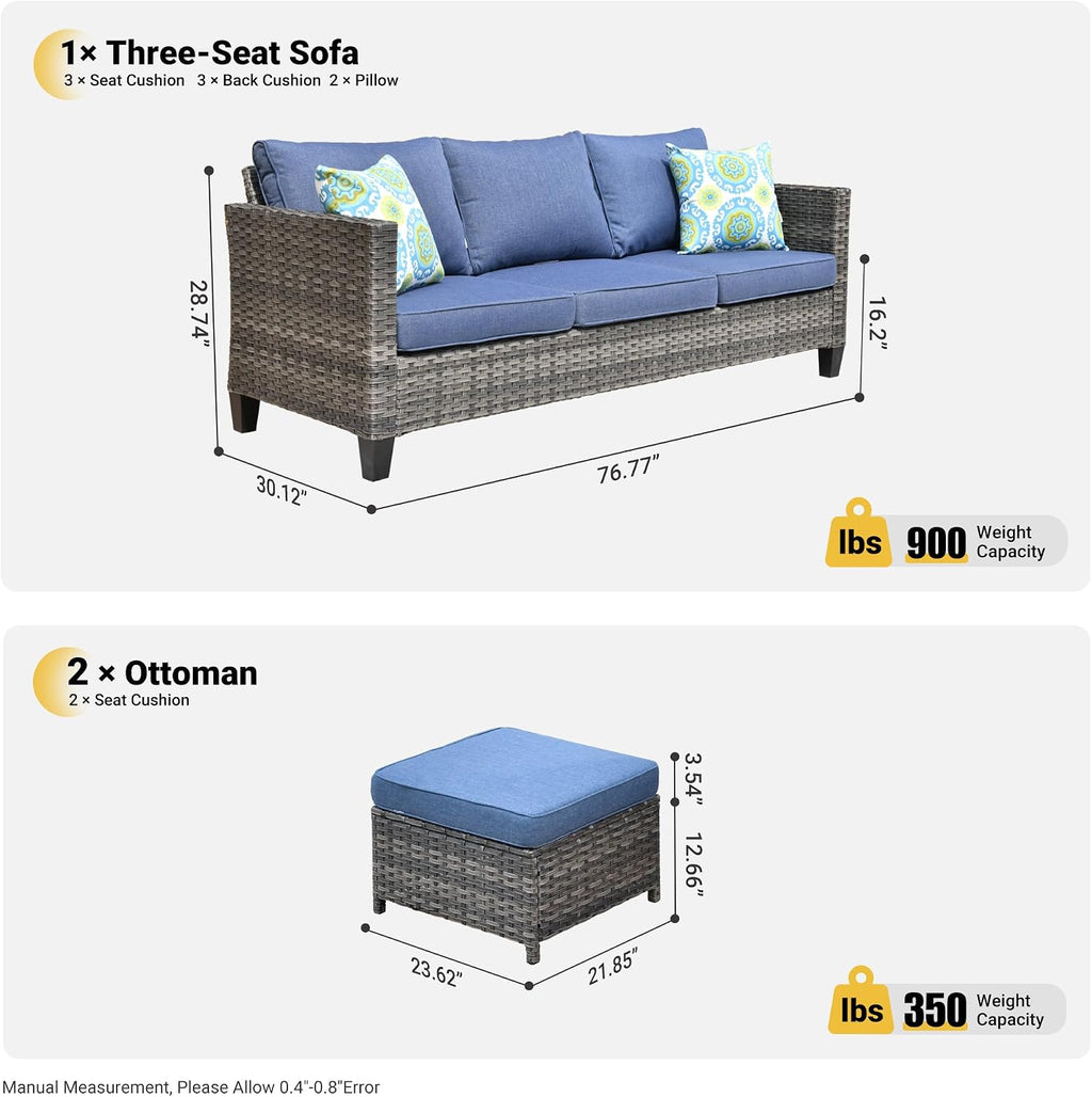 ovios Patio Sofa 3 Pieces Patio Furniture Set Outdoor Wicker Sofa Couch with Ottomans Thick Cushions, All Weather Rattan Conversation Set for Porch Backyard Deck, Denim Blue