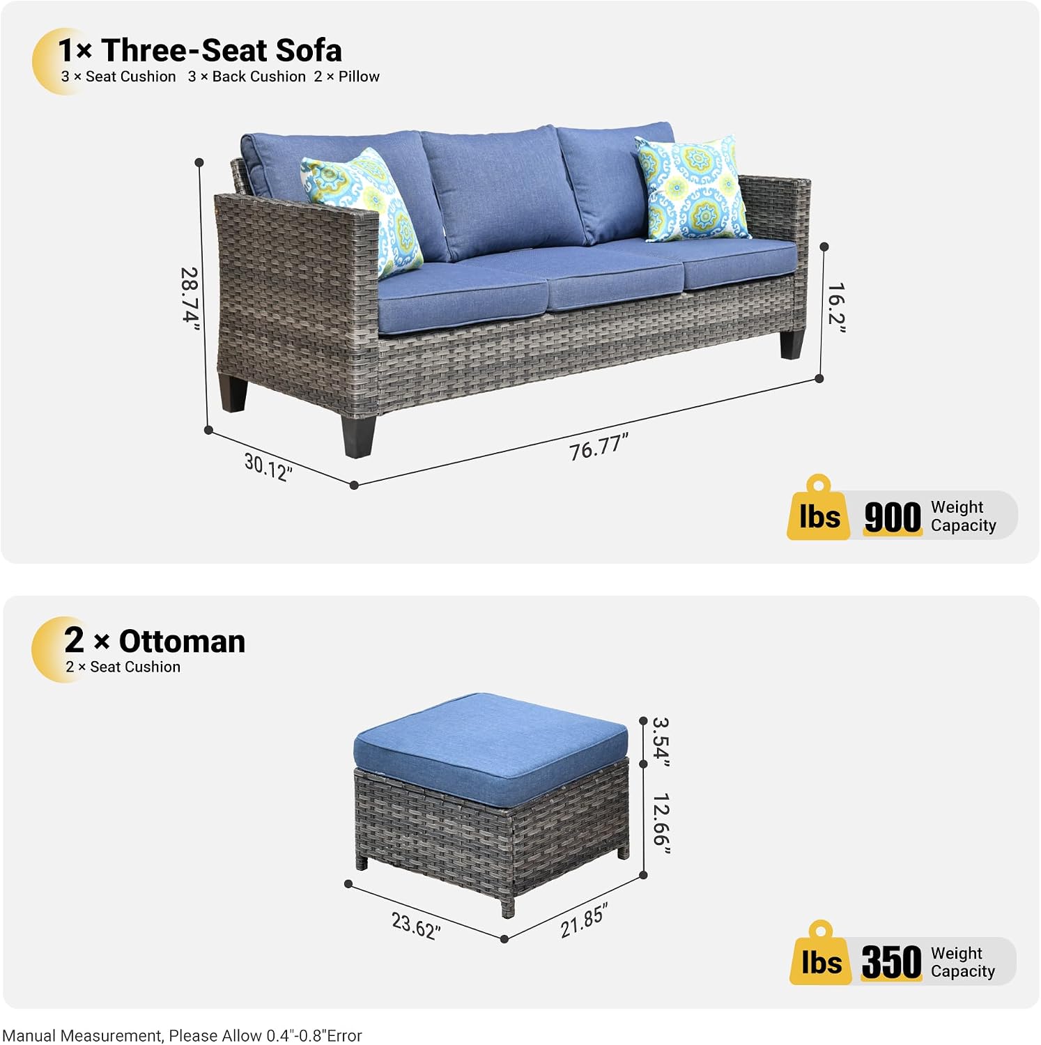ovios Patio Sofa 3 Pieces Patio Furniture Set Outdoor Wicker Sofa Couch with Ottomans Thick Cushions, All Weather Rattan Conversation Set for Porch Backyard Deck, Denim Blue