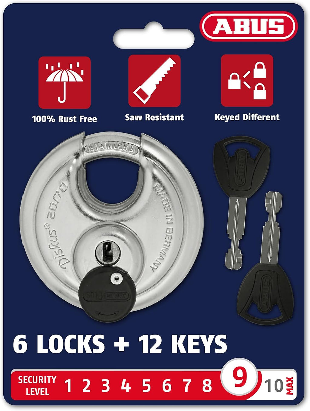 ABUS - Diskus 20/70 Padlock with Key - 6 Pack (2.75') 70mm - Heavy Duty Stainless Steel - Cut, Rust & Drill Resistant - Storage & Outdoor - Pad Lock with 2 Keys (Keyed Different) - Home Security