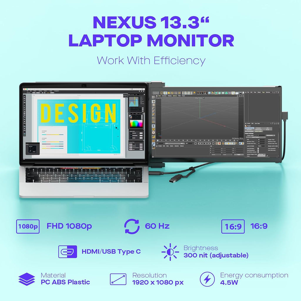 New Mobile Pixels Nexus 13.3' Portable Laptop Monitor, USB Type-C/USBA/HDMI Plug and Play Laptops Screen Extender, Ultra-Thin FHD 1080P Monitor, Compatible with Windows/Mac/Android/Switch