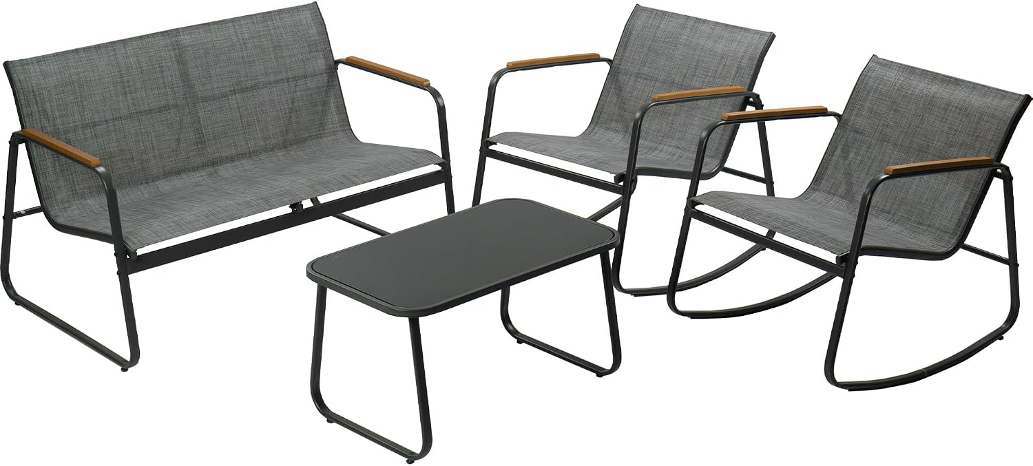 Kozyard 4-Piece Outdoor Patio Furniture Set with Textilene Chairs, Metal Conversation Set, Tempered Glass Coffee Table, Powder-Coated Steel Frame for Garden, Poolside, Backyard Gray