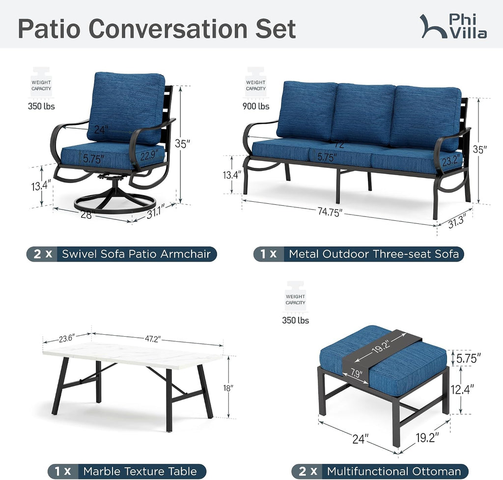 PHI VILLA 6 Piece Patio Furniture Sets with 1 x 3-Seat Deep Seating Bench, 2 x Cushioned Swivel Sofa Chairs, 1 x Coffee Table & 2 Ottoman, Outdoor Metal Conversation Set for Lawn Garden, Peacock Blue