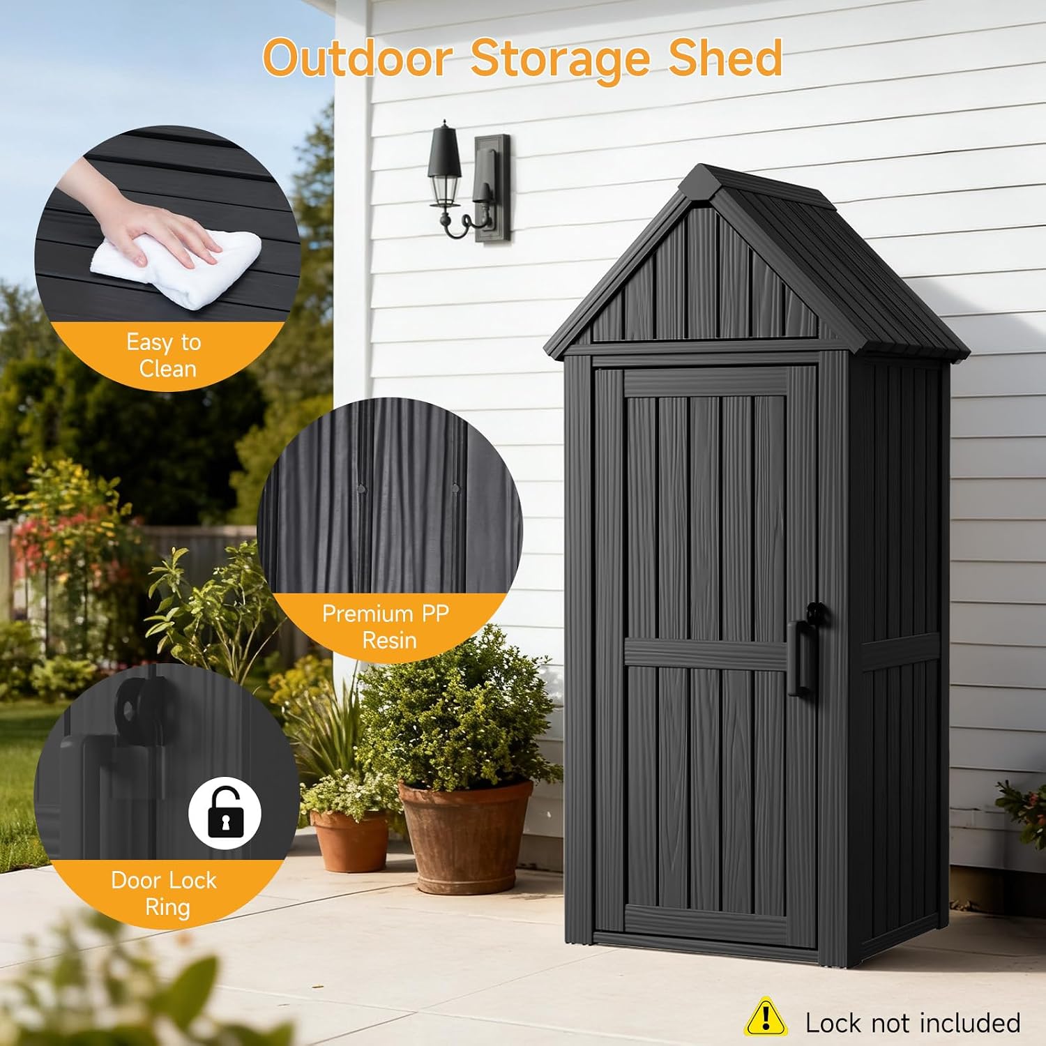 Outdoor Resin Storage Shed, Outdoor Storage Cabinet Waterproof with Hooks and Lock Ring, Multifunctional Storage Shed with Floor and Removable Shelves, All Weather Tool Shed for Patio, Lawn, Gray