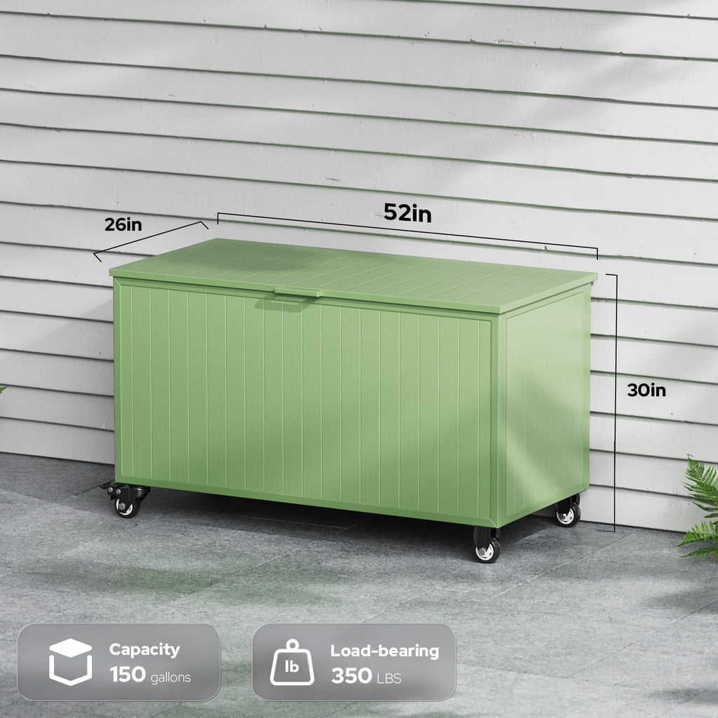 Outdoor Storage Box with Wheels 150 Gallon, Mobile Aluminum Deck Boxes Outdoor Waterproof, UV Resistant Patio Storage Box with Lid for Patio Furniture, Garden Tools, Outdoor Cushion(Green)