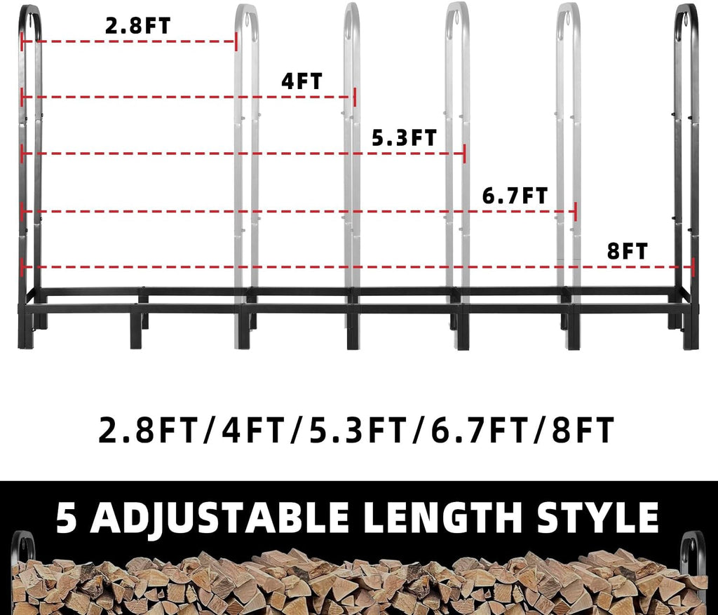 Kendane 8FT Firewood Rack Outdoor with Cover, Heavy Duty Adjustable Firewood log Storage & Holder, Wood Pile Lumber Storage Rack Stacking Outside for Courtyard Patio.