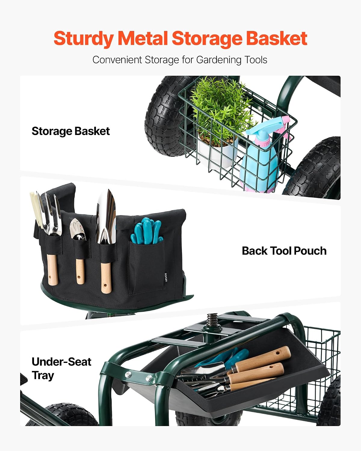 VEVOR Garden Seat with Wheels, Rolling Garden Stool with Height Adjustable & 360° Swivel Seat, 400lbs Weight Capacity, Gardening Cart Bench, Ergonomic Backrest & Tool Storage, for Yard, Patio